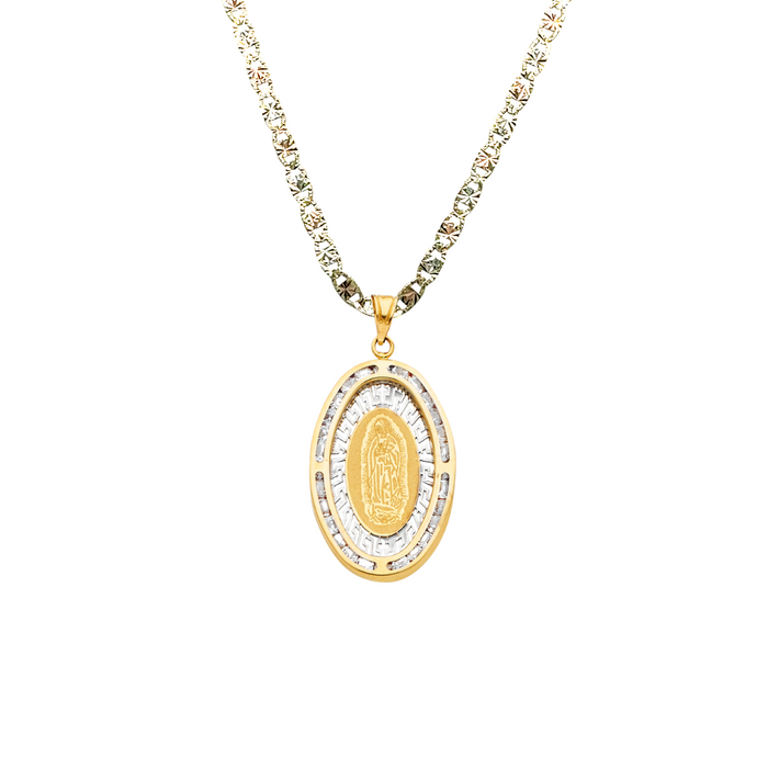 14k Virgin Mary Gold Pendant Oval Gemstones with Solid Chain - LE-1302