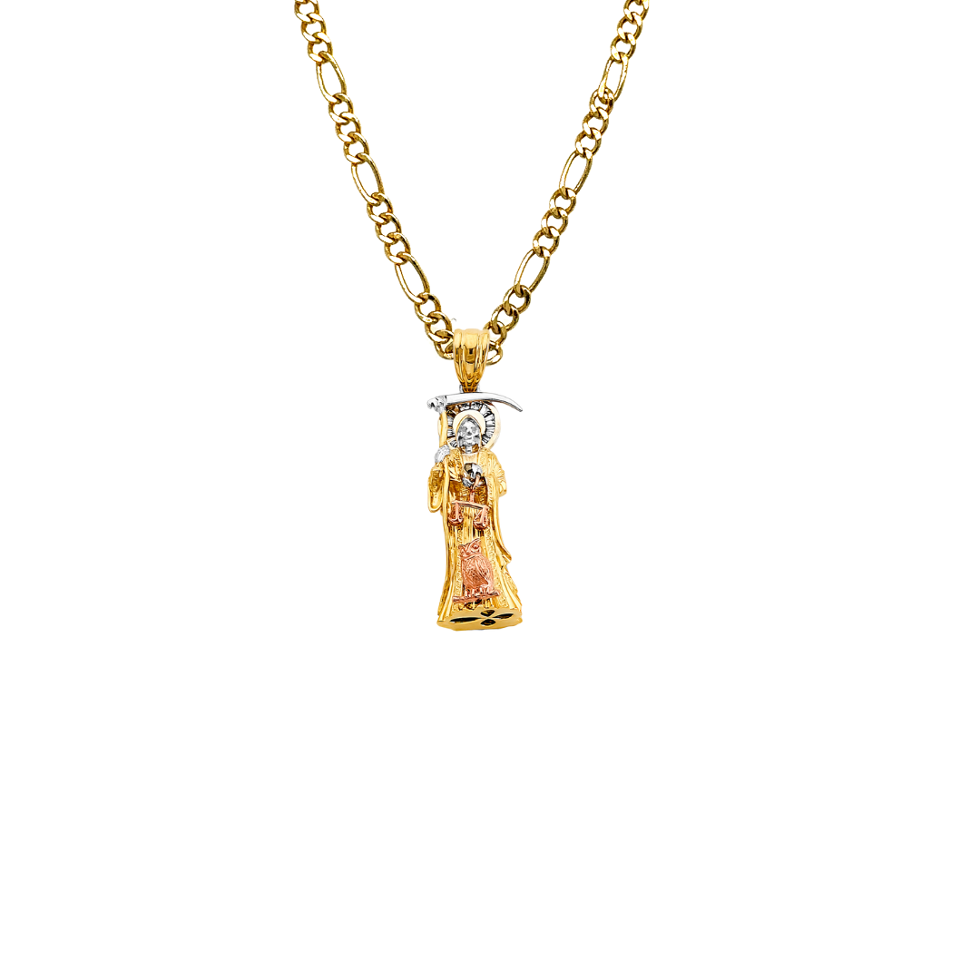 14K Tri-Color Gold Santa Muerte Charm Pendant With CZ - 24 X 15 Mm, Real Gold, Cubic Zirconia Detail