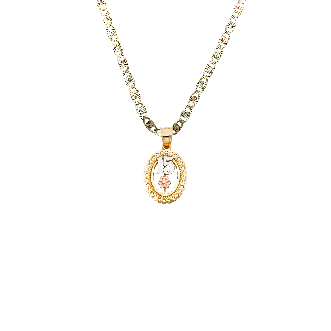 14k Gold Tri Tone 15 Años Flower Quinceañera Oval Pendant with
