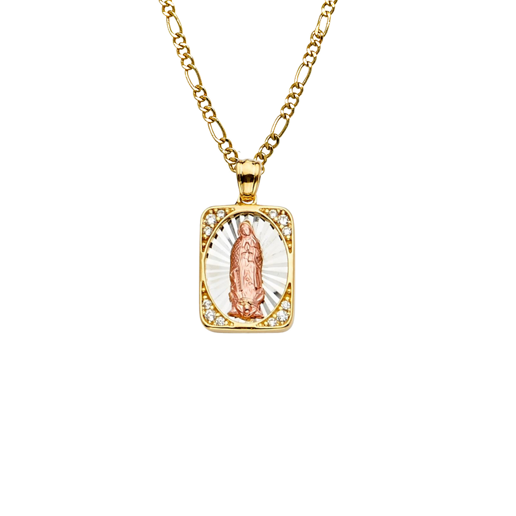 14k Virgin Mary Square Pendant with Gemstone Corners and Solid