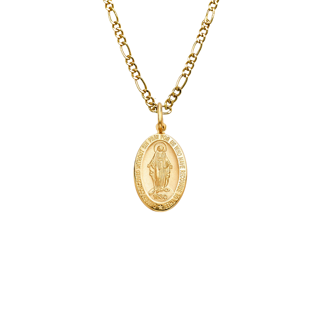 14k Virgin Mary La Milagrosa Yellow Gold Oval Pendant with Solid Chain ...