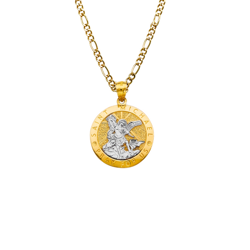 14k Saint Michael Pray For Us Round Gold Pendant with Solid Chain