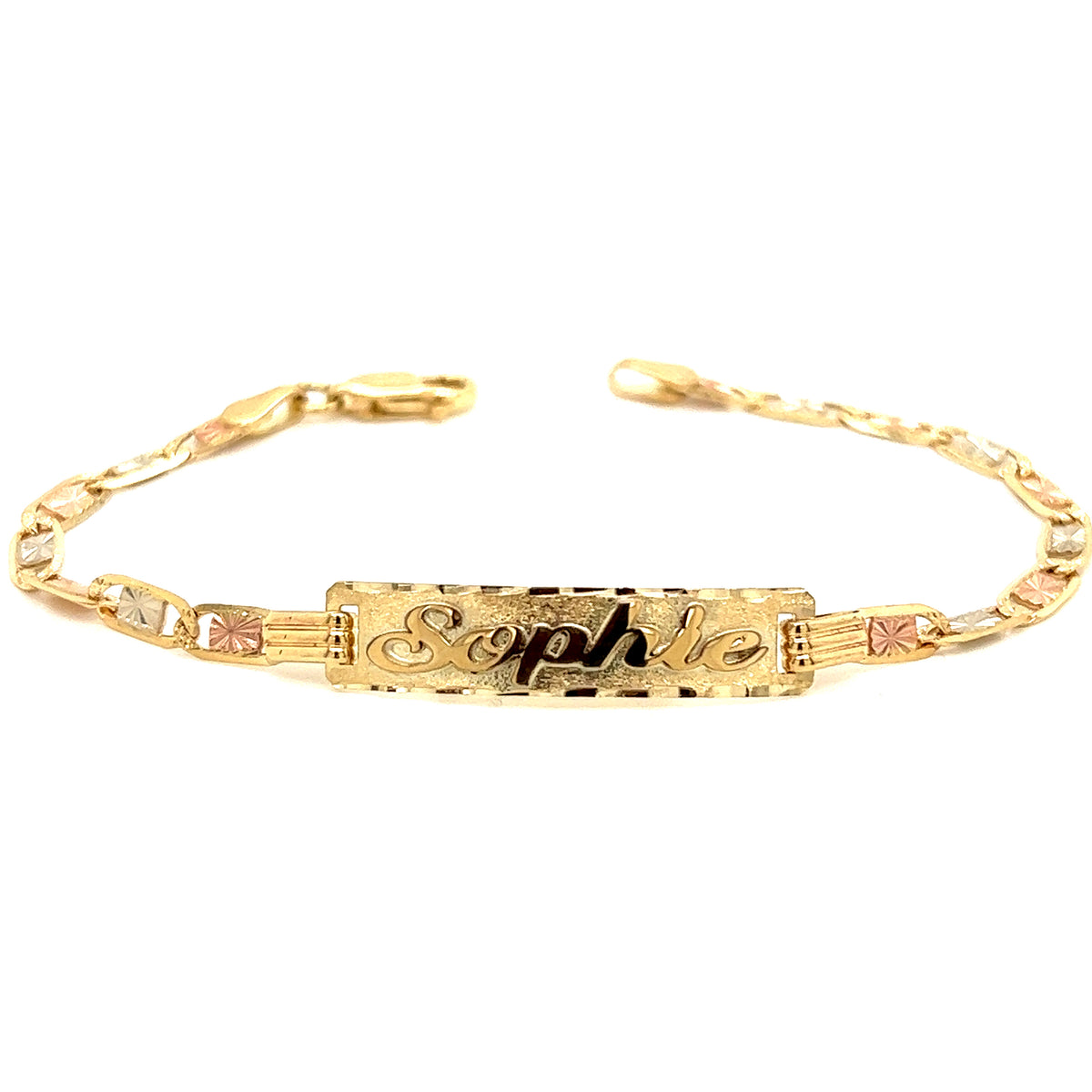 Gold Baby ID Bracelet 14k – Custom Name Plate - Raised Lettering - Extra Wide TriColor Figaro Chain main image 1