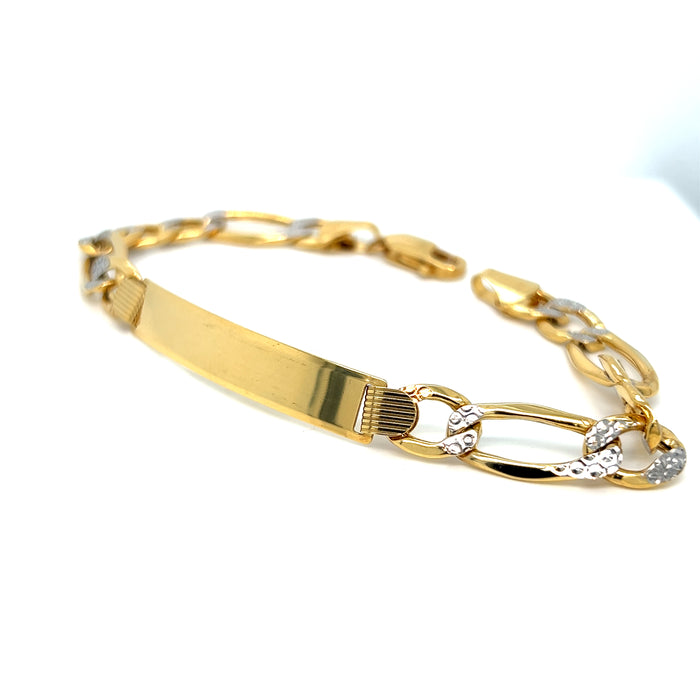 14k Gold Men's 7mm Solid Figaro Pavé Link ID Bracelet with Custom Gold Name Plate - LE-0214