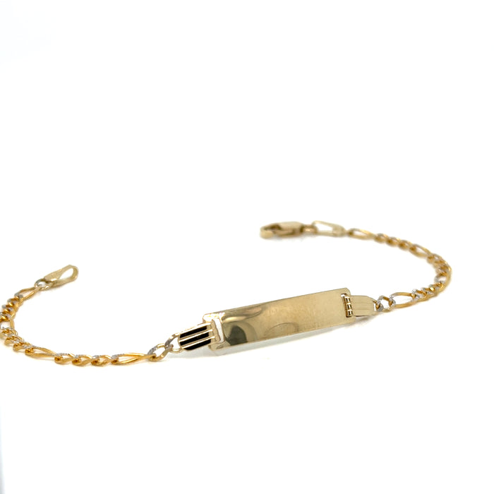 14k Gold Kids ID Bracelet with Custom Gold Name Plate & Diamond Cut Figaro Links - LE-0106