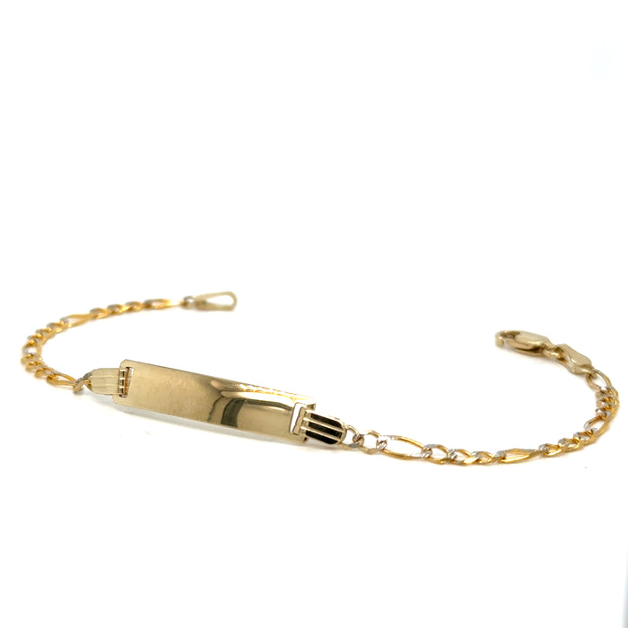 14k Gold Kids ID Bracelet with Custom Gold Name Plate & Diamond Cut Figaro Links - LE-0106