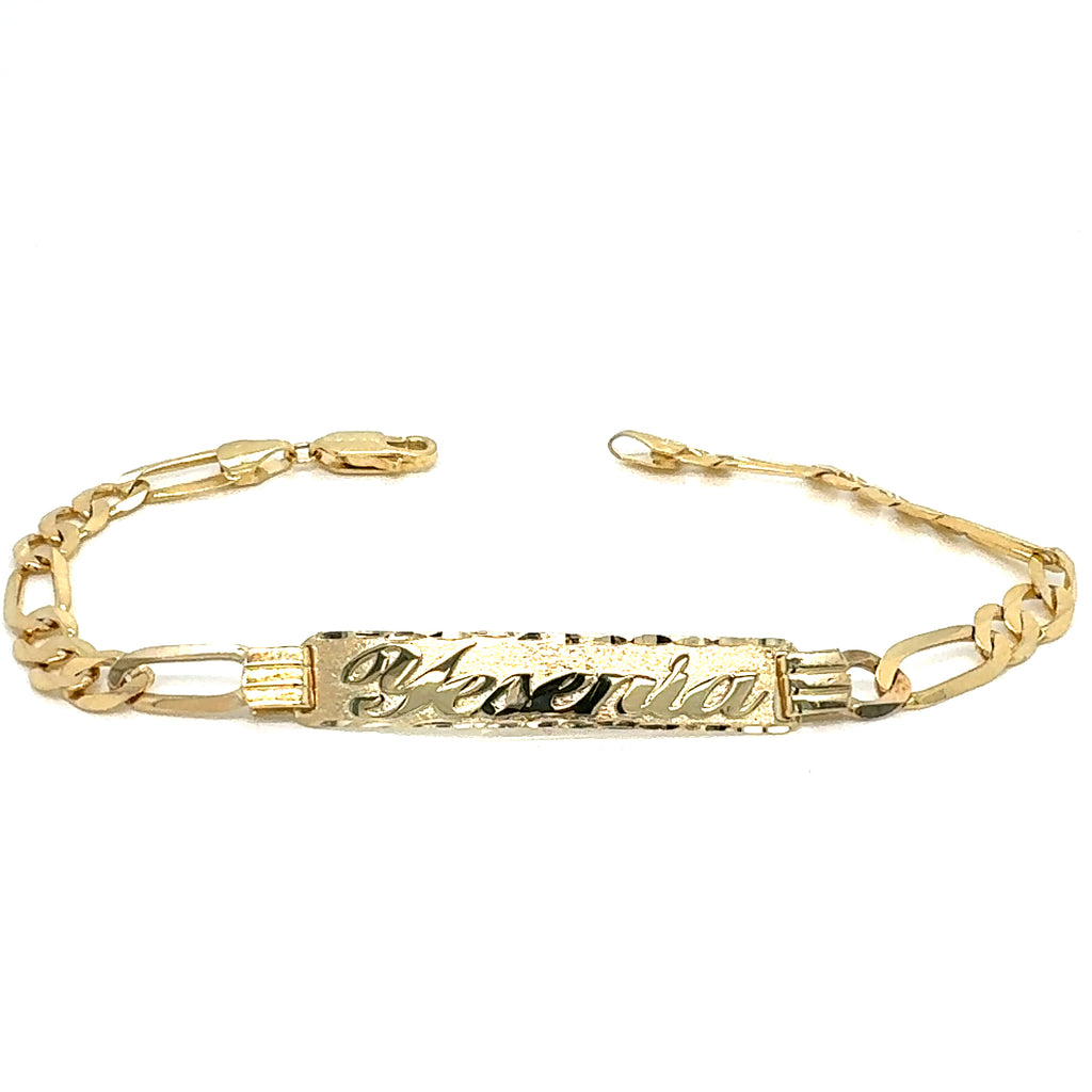 14k Yellow Gold Women's Figaro Link ID Bracelet with Gold Name