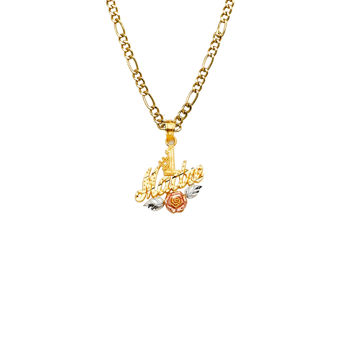 14k Gold Tri Tone #1 Madre Rose Flower Pendant with Solid Chain - LE-2390