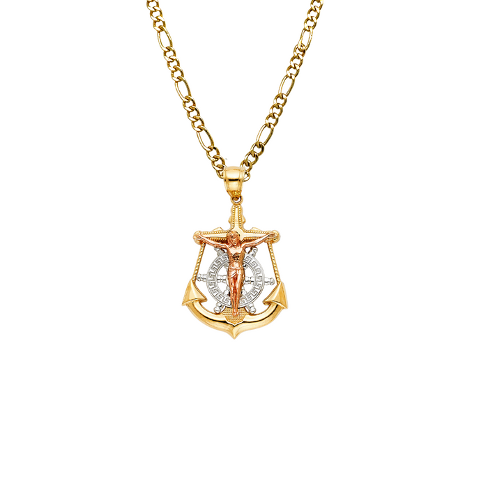 14k Gold Tri Tone Jesus Anchor Mariner Pendant with Solid Chain - LE-0113