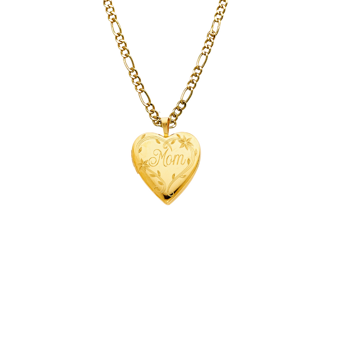 14k Gold Mom Picture Heart Locket Pendant with Solid Chain - LE-2027