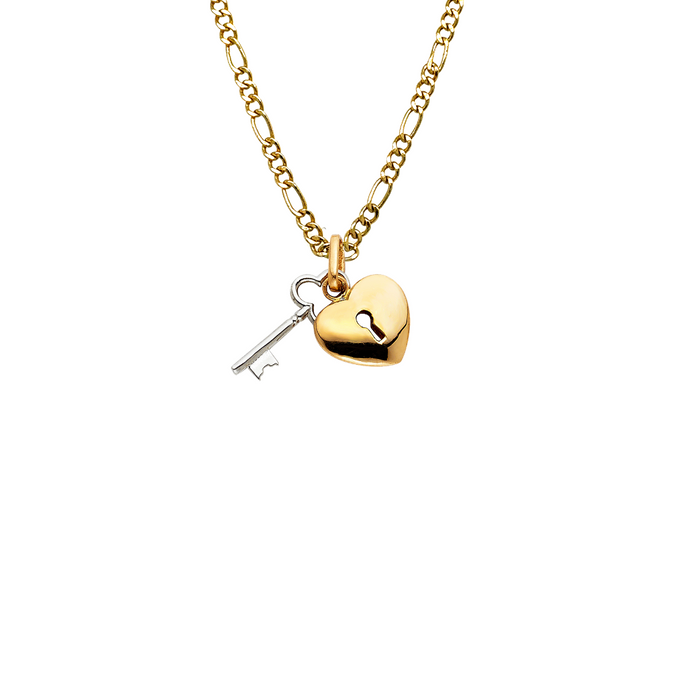 14k Gold Two Tone Heart and Key Pendant with Solid Chain - LE-0451