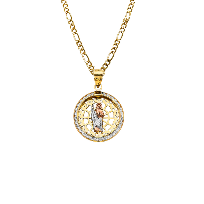 14k San Judas Round Gemstone Gold Pendant with Solid Chain - LE-3050