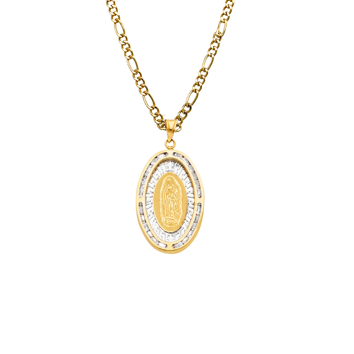14k Virgin Mary Gold Pendant Oval Gemstones with Solid Chain - LE-1302
