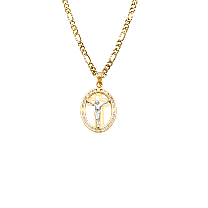 14k Jesus Christ Oval Cross Gemstone Gold Pendant with Solid Chain - LE-1307