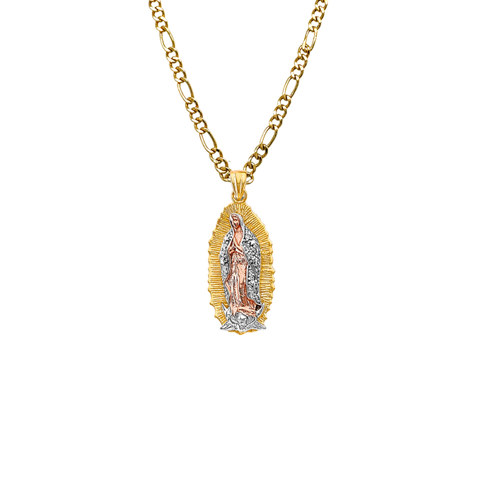 14k Gold Virgin Mary Pendant with White Gemstone Cloak and Solid Chain - LE-3180