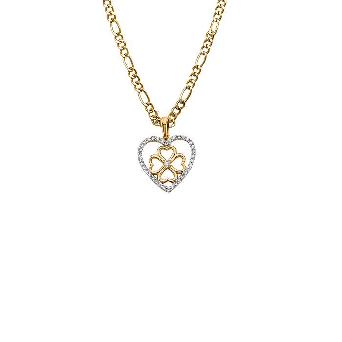 14k Gold Two Tone Gemstone Clover Heart Pendant with Solid Chain - LE-2917