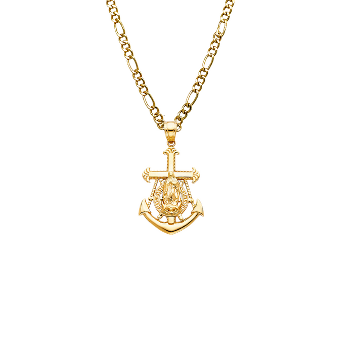 14k Gold Virgin Mary Guadalupe Anchor Mariner Pendant with Solid Chain - LE-1230