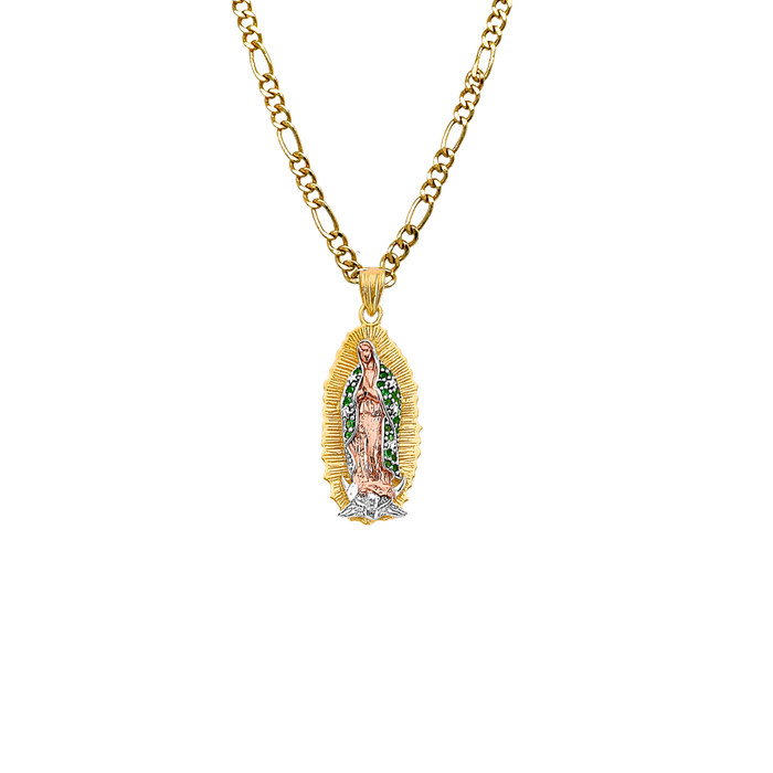 14k Gold Virgin Mary Pendant with Green Gemstone Cloak and Solid Chain - LE-3179