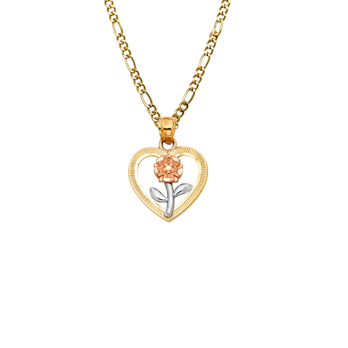 14k Flower Heart Gold Pendant with Solid Chain - LE-0394