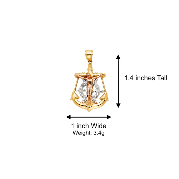 14k Gold Tri Tone Jesus Anchor Mariner Pendant with Solid Chain - LE-0113