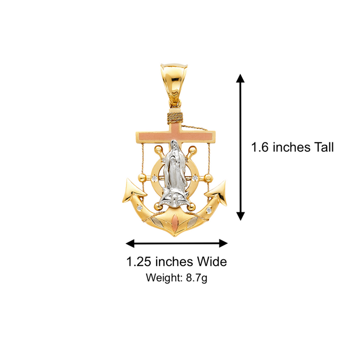 14k Gold Tri Tone Virgin Mary Guadalupe Gemstone Anchor Mariner Pendant with Solid Chain - LE-1520