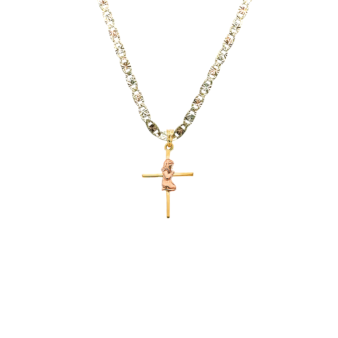 14k First Communion Girl Gold Cross Pendant and Solid Chain - LE