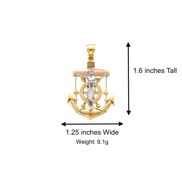 14k Gold Tri Tone Jesus Anchor Mariner Gemstone Pendant with Solid Chain - LE-1526