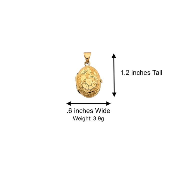 14k Gold Engraved Flower Picture Oval Locket Pendant with Solid Chain - LE-2579