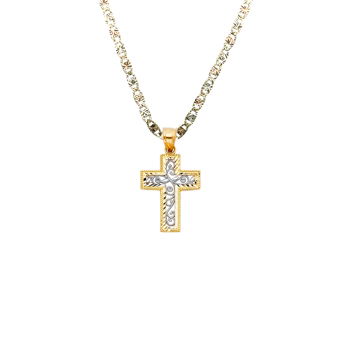 14k Gold Two Tone Filigrano Design Cross Pendant with Solid Chain - LE-0117