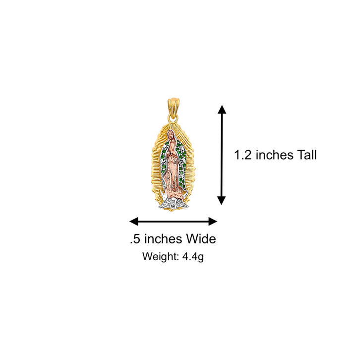 14k Gold Virgin Mary Pendant with Green Gemstone Cloak and Solid Chain - LE-3179