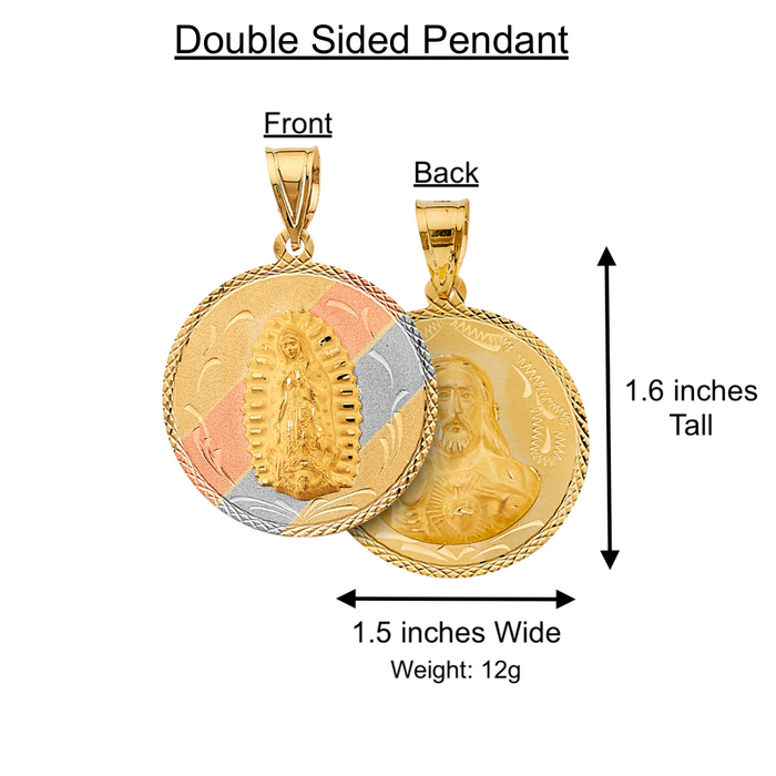 14k Virgin Mary Sacred Heart Jesus Gold Pendant with Solid Figaro Chain - LE-2805