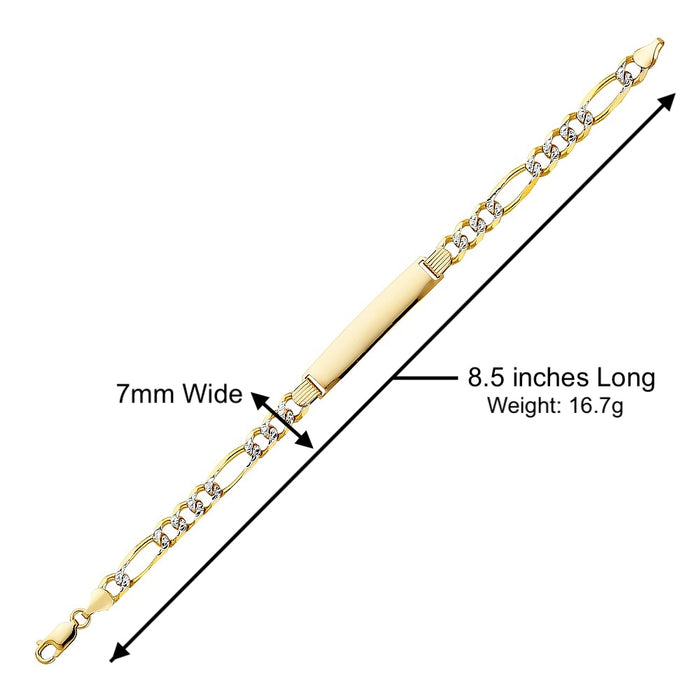 14k Gold Men's 7mm Solid Figaro Pavé Link ID Bracelet with Custom Gold Name Plate - LE-0214