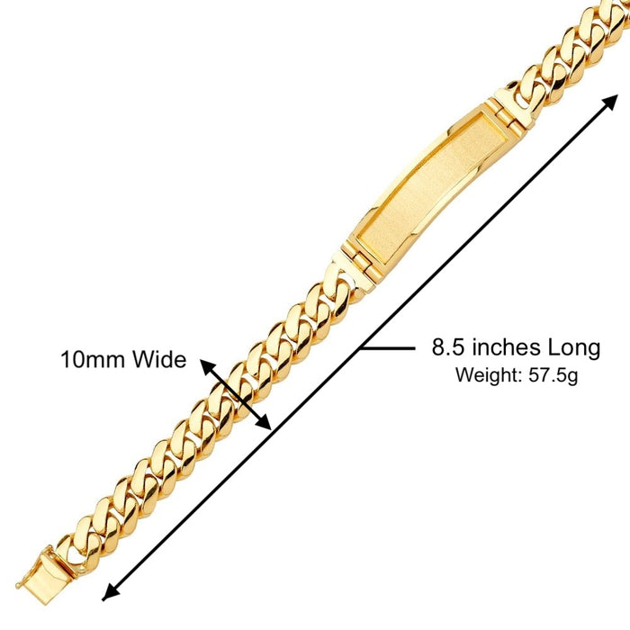 14k Gold Men's 10mm Solid Cuban Link ID Bracelet with Custom Gold Name Plate - 0734