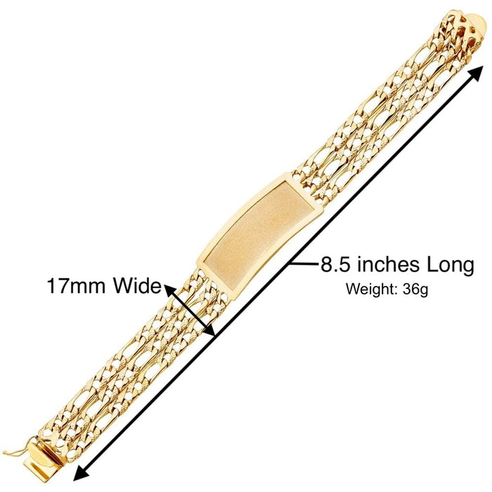 14k Gold Men's 17mm Solid Three Row Nugget Figaro Link ID Bracelet with Custom Gold Name Plate - LE-0386