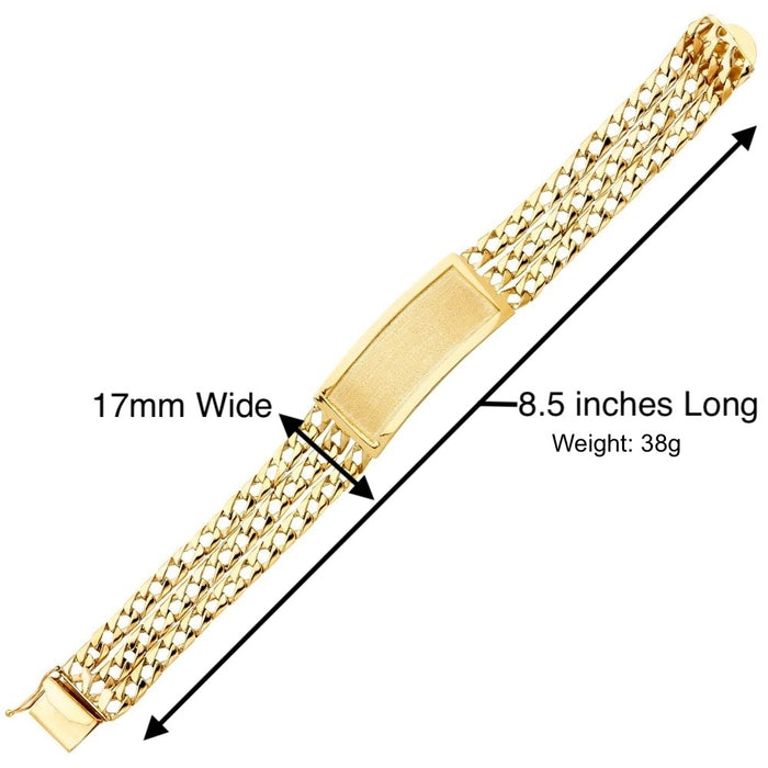 14k Gold Men's 17mm Solid Three Row Cuban Link ID Bracelet with Custom Gold Name Plate - LE-0391