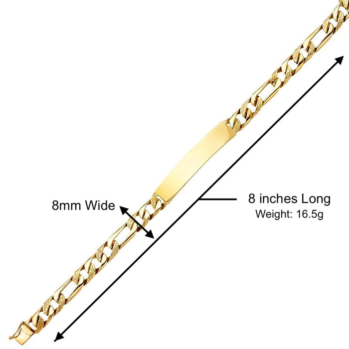 14k Gold Men's 8mm Solid Nugget Figaro Link ID Bracelet with Custom Gold Name Plate - LE-0443