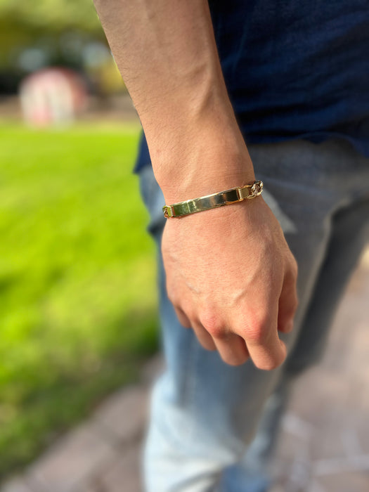 14k Gold Men's 7mm Solid Figaro Pavé Link ID Bracelet with Custom Gold Name Plate - LE-0214