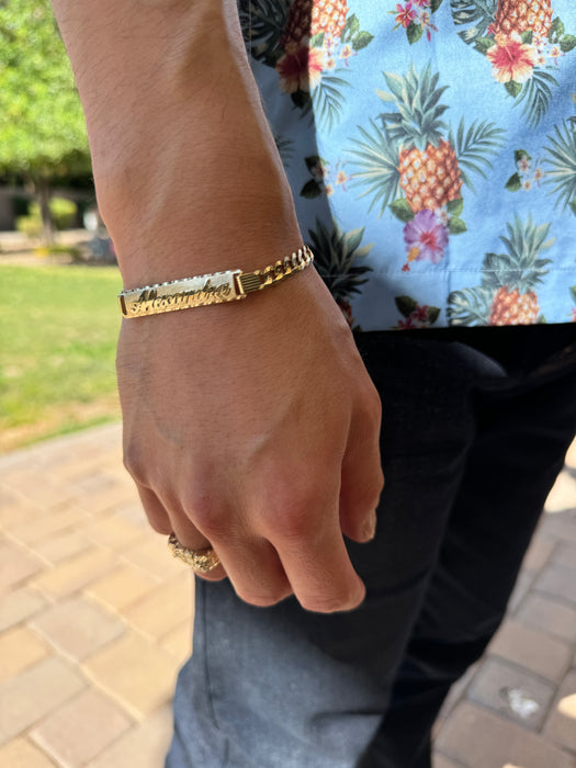 14k Gold Men's 6mm Solid Cuban Link ID Bracelet with Custom Gold Name Plate - LE-0222