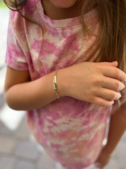 14k Kids Cuban Pavé Link Gold ID Bracelet with Gold Name Overlay - LE-0234