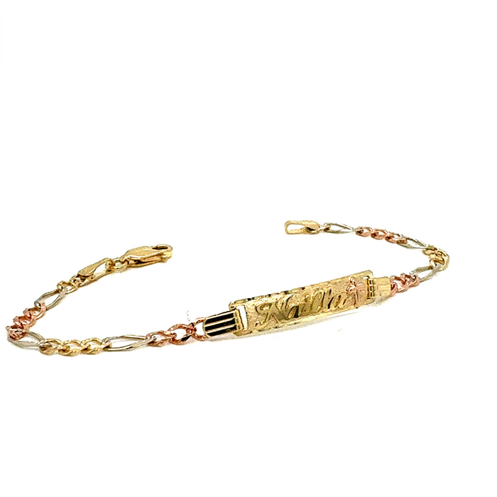 14k Kids Gold ID Bracelet with Gold Name Overlay and Cross - LE-0340